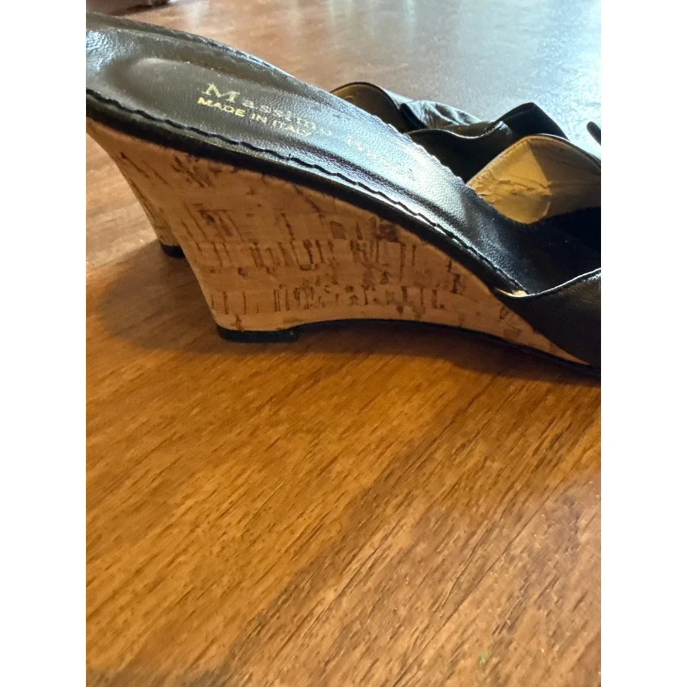 Massimo Baldi Black Leather Bow‎ Cork Wedge Sandals Made in Italy Womens Size 9